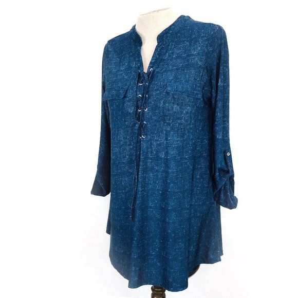 myStyle Blue Lace Up Casual Popover Shirt M - Picture 5 of 7